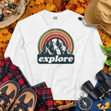 Explore Boho Retro Aesthetic Groovy Sweatshirt - Hikecore Granola Mountain Themed Pullover for Wanderlust, Outdoorsy Camper & Hiker - White