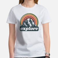 Explore Boho Retro Aesthetic T-Shirt - Hiking Mountain Themed Shirt - Hikecore Granola Tee for Wanderlust, Outdoorsy Camper & Hiker - White, Women