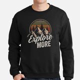 Explore More Boho Retro Aesthetic Sweatshirt - Hikecore Granola Mountain Themed Pullover for Wanderlust, Outdoorsy Camper & Hiker - Black, Men