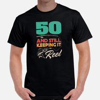 Fishing & PFG T-Shirt - 50th Birthday Gift Ideas for Fisherman - Bass Masters & Pros Shirt - 50 And Still Keeping It Reel Shirt - Black, Men