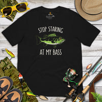 Fishing & PFG T-Shirt - Gift for Fisherman - Bass Masters & Pros Shirt - MLF Flying Fishing Shirt - Stop Starring At My Bass Shirt - Black