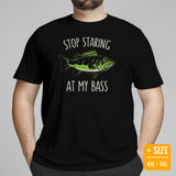 Fishing & PFG T-Shirt - Gift for Fisherman - Bass Masters & Pros Shirt - MLF Flying Fishing Shirt - Stop Starring At My Bass Shirt - Black, Plus Size