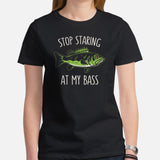 Fishing & PFG T-Shirt - Gift for Fisherman - Bass Masters & Pros Shirt - MLF Flying Fishing Shirt - Stop Starring At My Bass Shirt - Black, Women