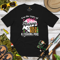 Fishing & PFG T-Shirt - Gift for Fisherman - Bass Masters & Pros Tee - Type Of Girl Who Is Happy With Cold Beer & A Fishing Pole Shirt - Black