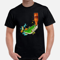 Fishing & PFG T-Shirt - Gift for Fisherman & Beer Lovers - Funny Bass Drinking Beer Sarcastic Geeky Shirt - Flying Fishing Shirt - Black, Men