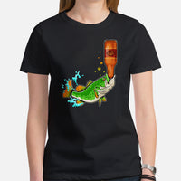 Fishing & PFG T-Shirt - Gift for Fisherman & Beer Lovers - Funny Bass Drinking Beer Sarcastic Geeky Shirt - Flying Fishing Shirt - Black, Women