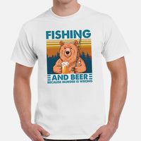 Fishing & PFG T-Shirt - Gift for Fisherman, Beer Lovers - Smokey The Bear Shirt - Fishing And Beer Because Murder Is Wrong Shirt - White, Men