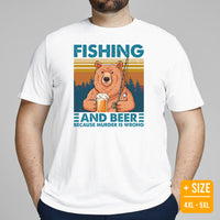 Fishing & PFG T-Shirt - Gift for Fisherman, Beer Lovers - Smokey The Bear Shirt - Fishing And Beer Because Murder Is Wrong Shirt - White, Plus Size