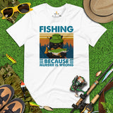 Fishing & PFG T-Shirt - Gift for Fisherman, Cat Lovers - Grumpy Cat Shirt - Master Baiter Shirt - Fishing Because Murder Is Wrong Shirt - White