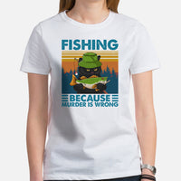 Fishing & PFG T-Shirt - Gift for Fisherman, Cat Lovers - Grumpy Cat Shirt - Master Baiter Shirt - Fishing Because Murder Is Wrong Shirt - White, Women