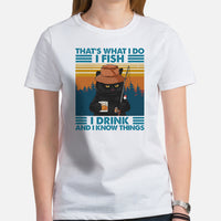 Fishing & PFG T-Shirt - Gift for Fisherman, Wine & Cat Lovers - Grumpy Cat Tee - That's What I Do I Fish I Drink & I Know Things Shirt - White, Women