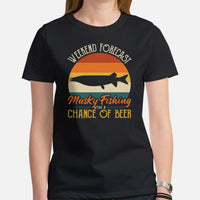 Fishing & PFG T-Shirt - Ideal Gift for Fisherman & Beer Lovers - Weekend Forecast Musky Fishing With A Chance Of Beer Shirt - Black, Women