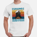 Fishing & Vacation Outfit, Clothes - Boat Party Attire - Gift for Boat Owner, Cat Lover - Funny Sailing Because Murder Is Wrong T-Shirt - White, Men