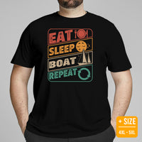 Fishing & Vacation Shirt, Outfit - Boat Party Attire - Gift for Boat Owner, Boater, Fisherman - 80s Retro Eat Sleep Boat Repeat T-Shirt - Black, Plus Size