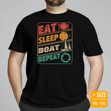 Fishing & Vacation Shirt, Outfit - Boat Party Attire - Gift for Boat Owner, Boater, Fisherman - 80s Retro Eat Sleep Boat Repeat T-Shirt - Black, Plus Size