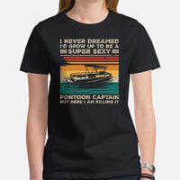 Fishing & Vacation Shirt, Outfit - Boat Party Attire - Gift for Boat Owner, Fisherman - Vintage Proud Super Sexy Pontoon Captain Tee - Black, Women