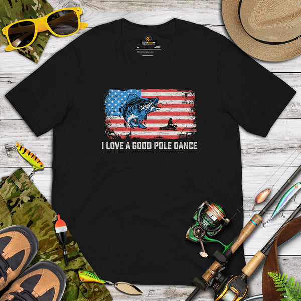 Fly-Fishing & PFG Patriotic T-Shirt - Gift for Fisherman - Bass Masters & Pros Shirt - I Love A Good Pole Dance US Flag Themed Shirt - Black