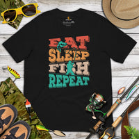 Fly-Fishing & PFG T-Shirt - Gift for Fisherman - Bass Masters & Pros Shirt - Eat Sleep Fish Repeat Retro Aesthetic Shirt - Black