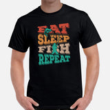 Fly-Fishing & PFG T-Shirt - Gift for Fisherman - Bass Masters & Pros Shirt - Eat Sleep Fish Repeat Retro Aesthetic Shirt - Black, Men