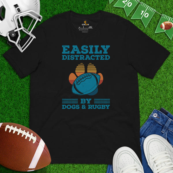 Rugby T-Shirt - Puppy Love Shirt - Game Day Shirt - Football Tee - Gift for Dog Lover - Funny Easily Distracted By Dogs And Rugby T-Shirt - Black