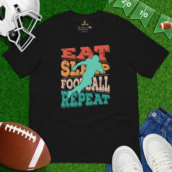 Football Tee - Game Day Shirt - Football Graphic Shirt - Gift for Football Fan, Coach & Player - Vintage Eat Sleep Football Repeat T-Shirt - Black