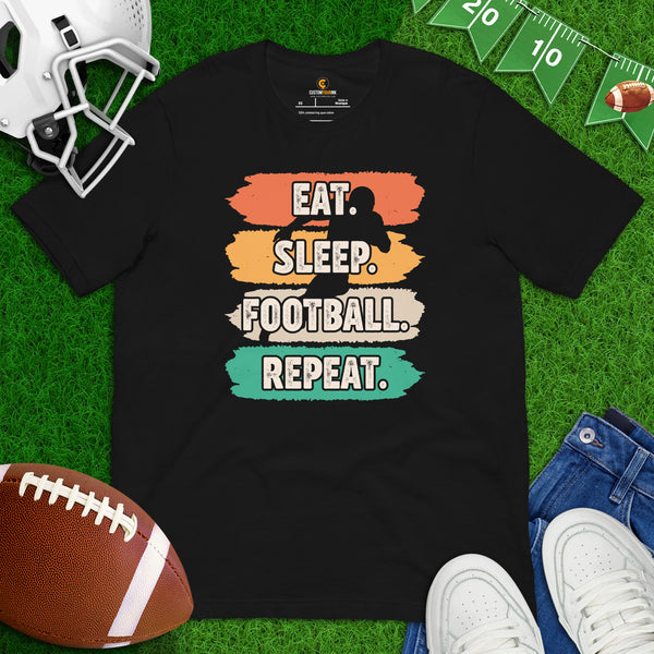 Football Tee - Game Day Shirt - Football Graphic T-Shirt - Gift for Football Fan, Coach & Player - Retro Eat Sleep Football Repeat T-Shirt - Black