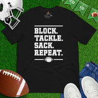 Football Tee - Game Day Shirt - Funny Football Shirt - Football Lineman T-Shirt - Gift for Football Player - Block Tackle Sack Repeat Shirt - Black