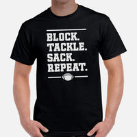 Football Tee - Game Day Shirt - Funny Football Shirt - Football Lineman T-Shirt - Gift for Football Player - Block Tackle Sack Repeat Shirt - Black, Men