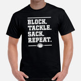 Football Tee - Game Day Shirt - Funny Football Shirt - Football Lineman T-Shirt - Gift for Football Player - Block Tackle Sack Repeat Shirt - Black, Men