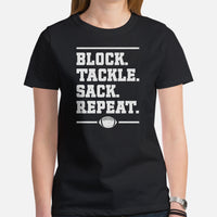Football Tee - Game Day Shirt - Funny Football Shirt - Football Lineman T-Shirt - Gift for Football Player - Block Tackle Sack Repeat Shirt - Black, Women
