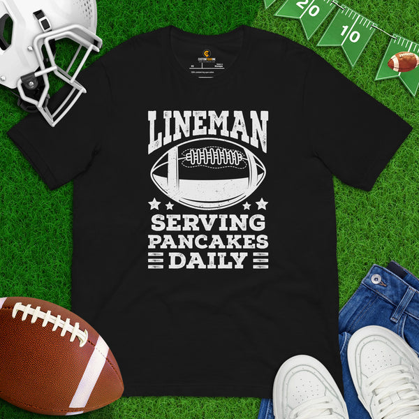 Football Tee - Game Day Shirt - Funny Football Shirt - Football Lineman Shirt - Gift for Football Fan - Lineman Serving Pancakes Daily Tee - Black