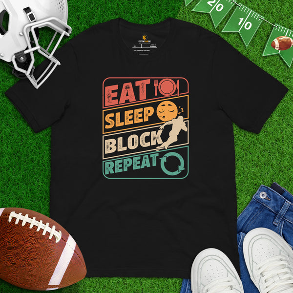 Football Tee - Game Day Shirt - Football Shirt - Football Lineman Shirt - Gift for Football Coach & Player - Eat Sleep Block Repeat Shirt - Black