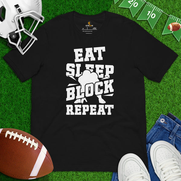 Football Tee - Game Day Shirt - Football Shirt - Football Lineman T-Shirt - Gift for Football Coach & Player - Eat Sleep Block Repeat Shirt - Black