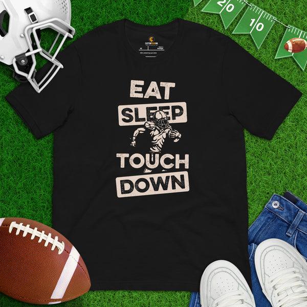 Football Tee - Game Day Shirt - Football Graphic T-Shirt - Gift for Football Fan, Coach & Player - Vintage Eat Sleep Touch Down T-Shirt - Black