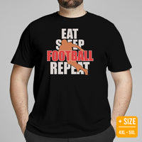 Football Tee - Game Day Shirt - Vintage Football Shirt - Gift for Football Fan, Coach & Player - Retro Eat Sleep Football Repeat T-Shirt - Black, Plus Size