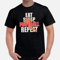 Football Tee - Game Day Shirt - Vintage Football Shirt - Gift for Football Fan, Coach & Player - Retro Eat Sleep Football Repeat T-Shirt - Black, Men