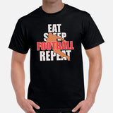 Football Tee - Game Day Shirt - Vintage Football Shirt - Gift for Football Fan, Coach & Player - Retro Eat Sleep Football Repeat T-Shirt - Black, Men