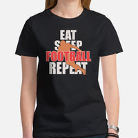 Football Tee - Game Day Shirt - Vintage Football Shirt - Gift for Football Fan, Coach & Player - Retro Eat Sleep Football Repeat T-Shirt - Black, Women