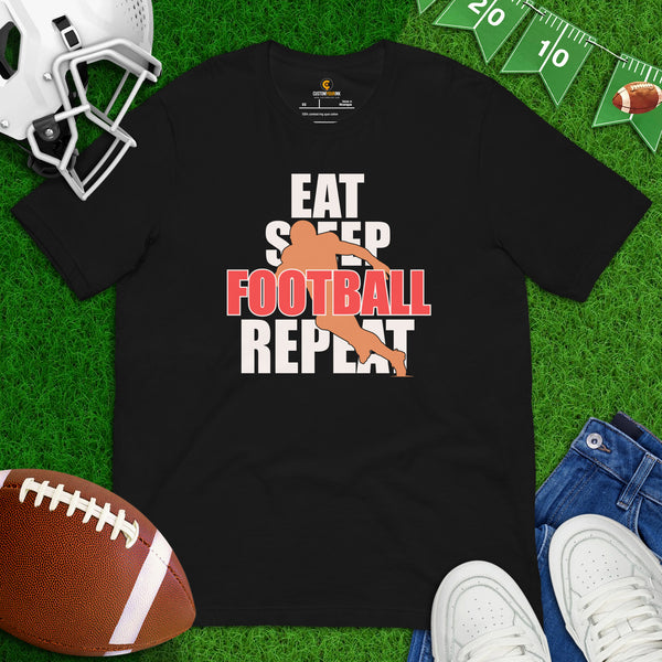 Football Tee - Game Day Shirt - Vintage Football Shirt - Gift for Football Fan, Coach & Player - Retro Eat Sleep Football Repeat T-Shirt - Black
