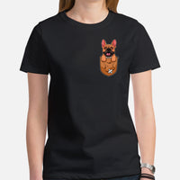 Frenchie Dog Themed Clothes & Attire - Canine Tee Shirts For Humans - Gifts for Dog Lovers - Cute Frenchie Puppy In Pocket T-Shirt - Black, Women