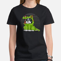 Frenchie Dog Themed Clothes & Attire - Cute Dinosaur Costume T-Shirt - Funny Canine Tee Shirts For Humans - Gifts for Dog Lovers - Black, Women