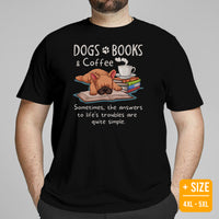 Frenchie Dog Themed Clothes & Attire - Funny Canine Tee Shirts For Humans - Gifts for Book & Dog Lovers - Dogs, Books & Coffee T-Shirt - Black, Plus Size