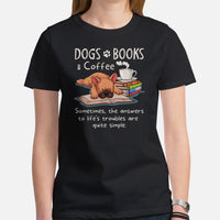 Frenchie Dog Themed Clothes & Attire - Funny Canine Tee Shirts For Humans - Gifts for Book & Dog Lovers - Dogs, Books & Coffee T-Shirt - Black, Women