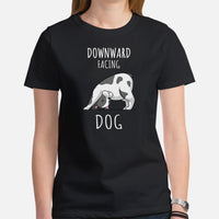 Frenchie Dog Themed Clothes & Attire - Funny Canine Tee Shirts For Humans - Gifts for Yoga & Dog Lovers - Downward Facing Dog T-Shirt - Black, Women