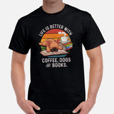 Frenchie Dog Themed Clothes - Canine Tee Shirts For Humans - Gifts for Book, Dog Lovers - Life Is Better With Dogs, Books & Coffee Tee - Black, Men