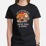 Frenchie Dog Themed Clothes - Canine Tee Shirts For Humans - Gifts for Book, Dog Lovers - Life Is Better With Dogs, Books & Coffee Tee - Black, Women