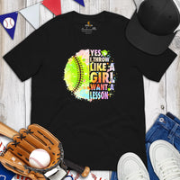 Funny Baseball T-Shirt - Gift Ideas for Her, Baseball Lovers & Enthusiasts - Yes, I Throw Like A Girl. Want A Lesson Shirt - Black
