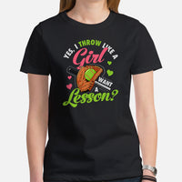 Funny Baseball T-Shirt - Gift Ideas for Her, Baseball Lovers & Enthusiasts - Yes, I Throw Like A Girl. Want A Lesson Tee - Game Day Tee - Black