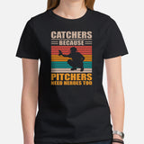 Funny Baseball T-Shirt - Gift Ideas for Him & Her, Baseball Lovers & Enthusiasts - Catchers Because Pitchers Need Heroes Too Shirt - Black, Women