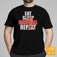 Funny Baseball T-Shirt - Gift Ideas for Him & Her, Baseball Lovers & Enthusiasts - Eat Sleep Baseball Repeat Shirt - Game Day Tee - Black, Plus Size